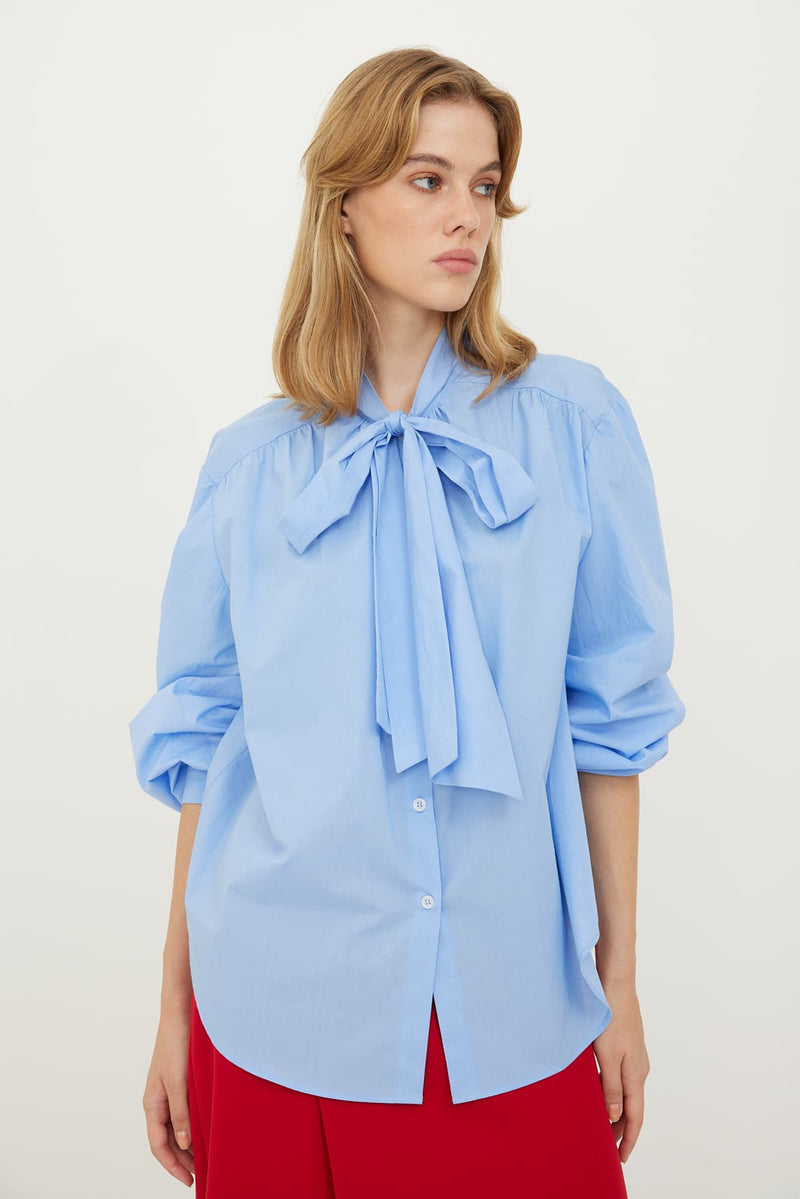 Roman Bow Tie Collar Shirt Blue