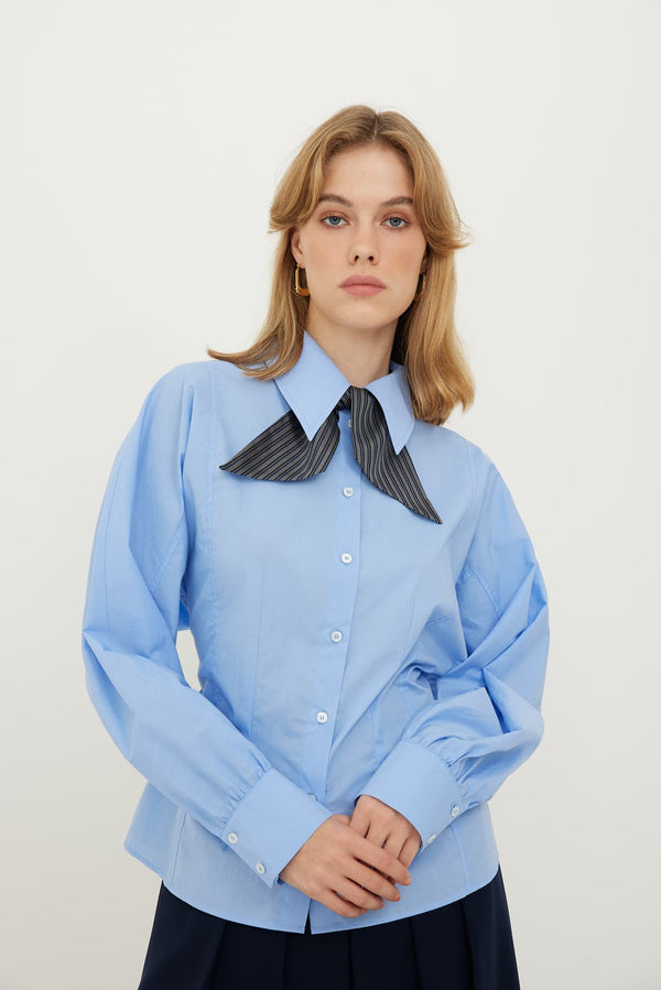 Roman Waist Accent Collar Detail Shirt Blue