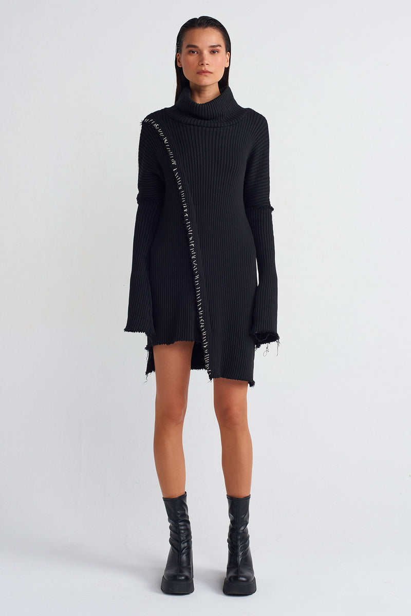 Nu Contrast Stitched Long Sleeve Knit Dress Black