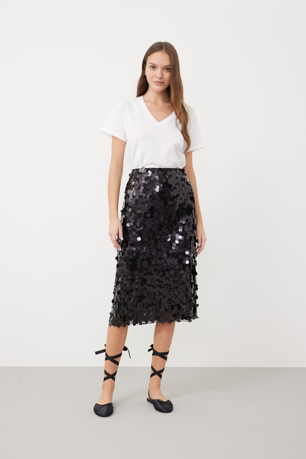 Roman Sequin-Embellished Midi Skirt Black