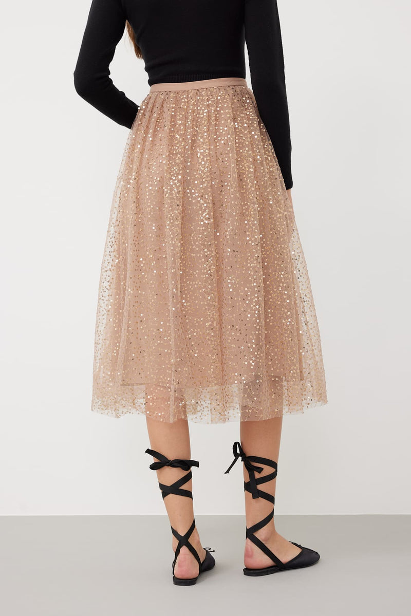 Roman Sequined Tulle Midi Skirt Powder