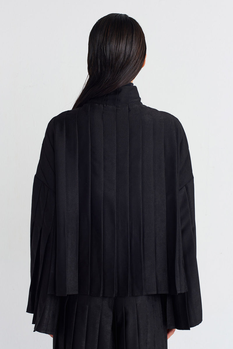 Nu Velvet-Look Satin Pleated Jacket Black