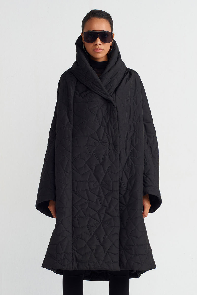 Nu Irregular Quilted High Neck Coat Black