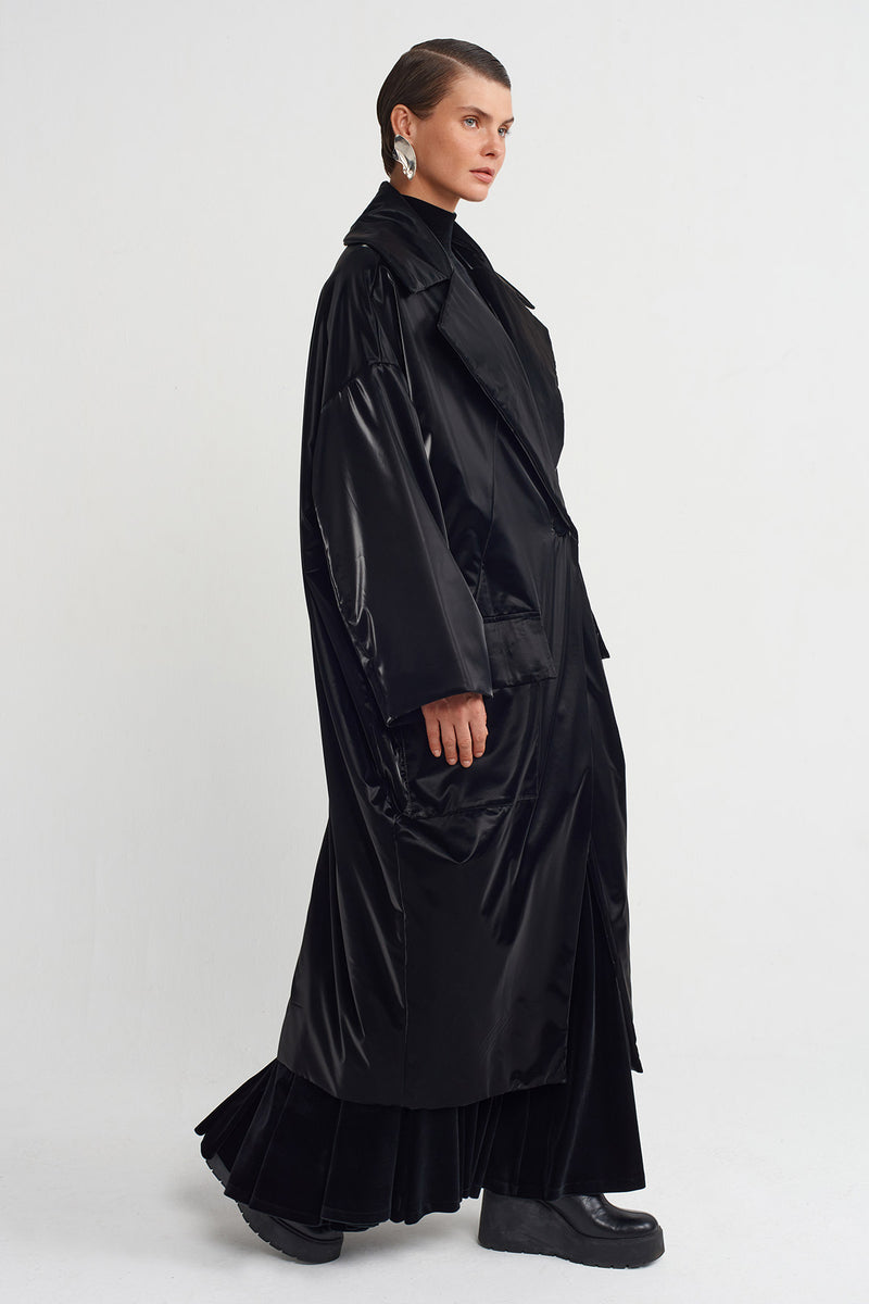 Nu Shiny Fabric Long Coat Black