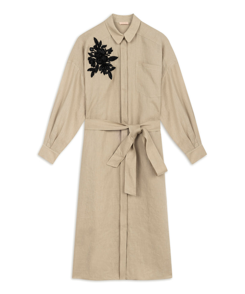 Machka Contrast Embroidered Linen Dress Natural