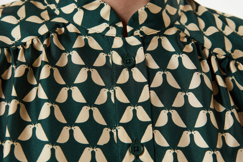 Machka Bird Pattern Blouse Dark Green