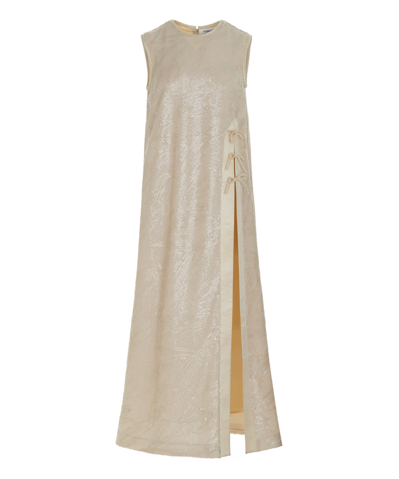 Machka Sequin Dress With Bow And Slit Details Beige