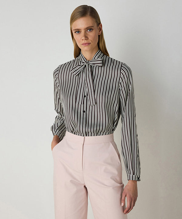 Machka Striped Pattern Silk Shirt Brown