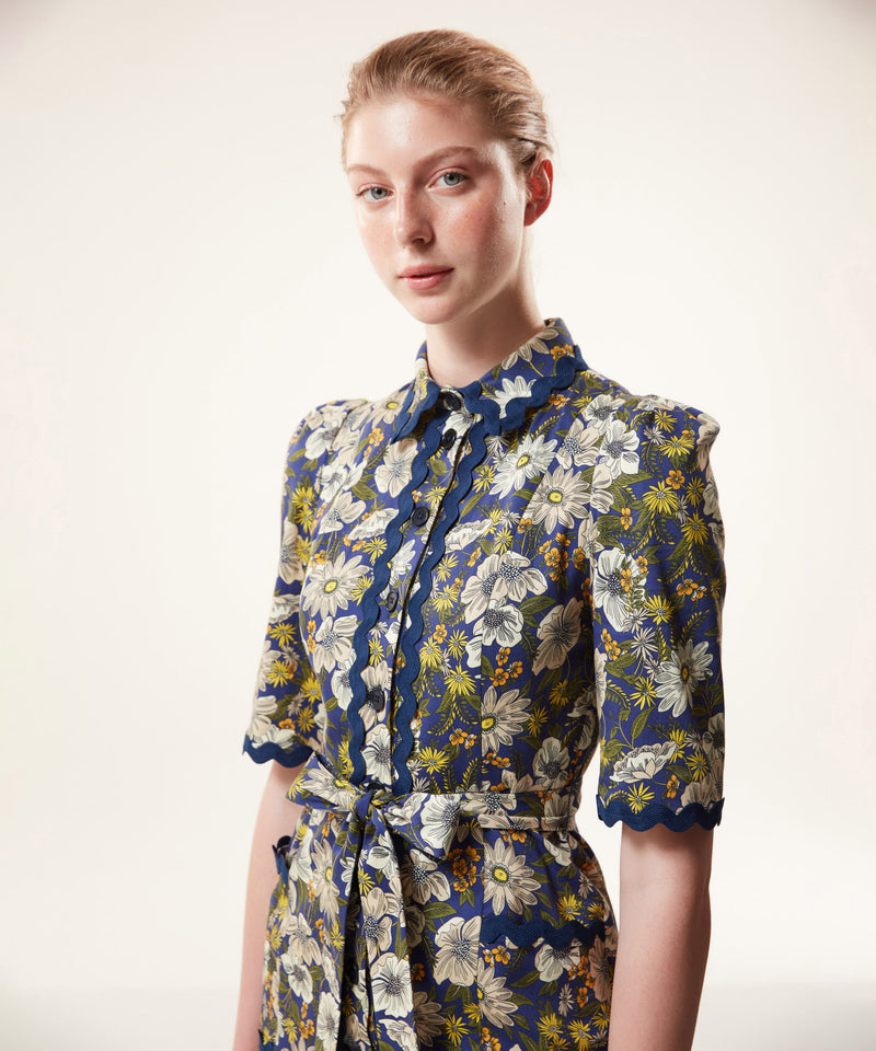 Machka Floral Pattern Belted Shirt Dress Navy Blue