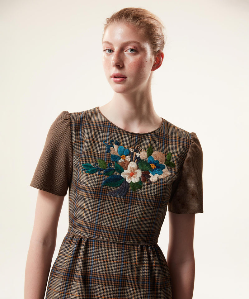 Machka Flower-Embroidered Plaid Pattern Dress Navy Blue