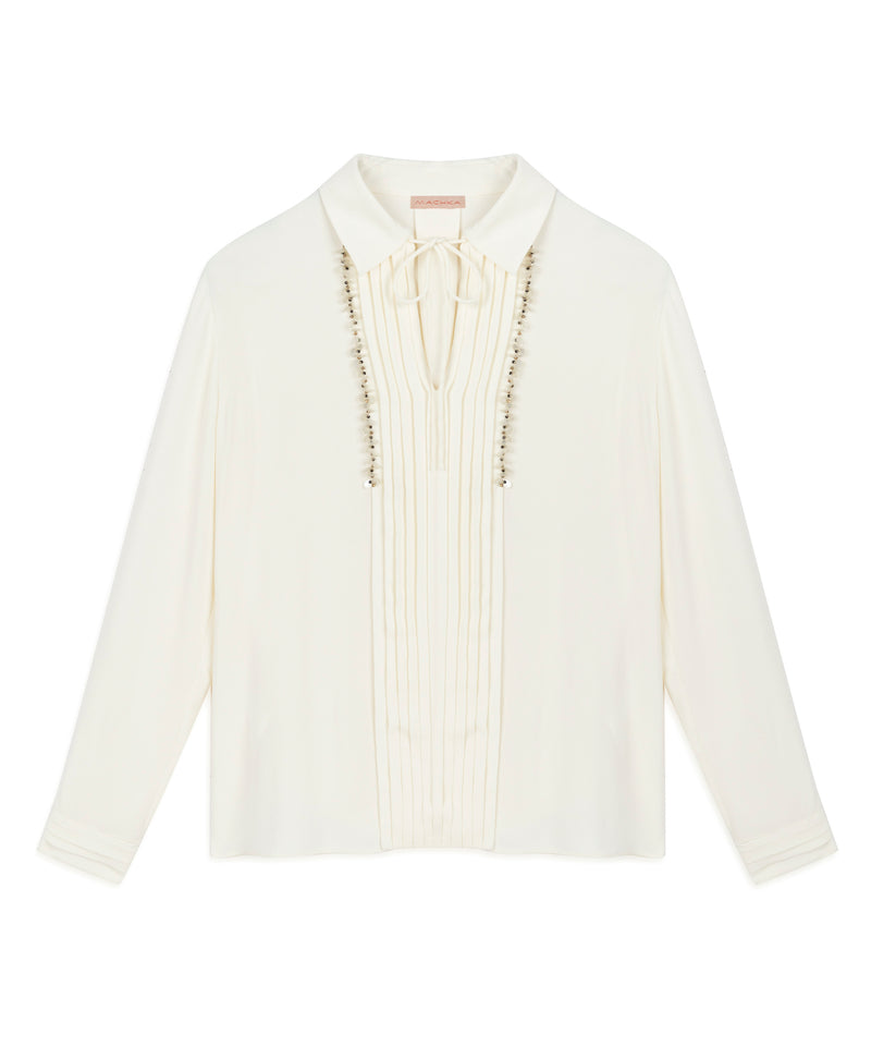 Machka Embellished Pleated Solid Shirt Off White