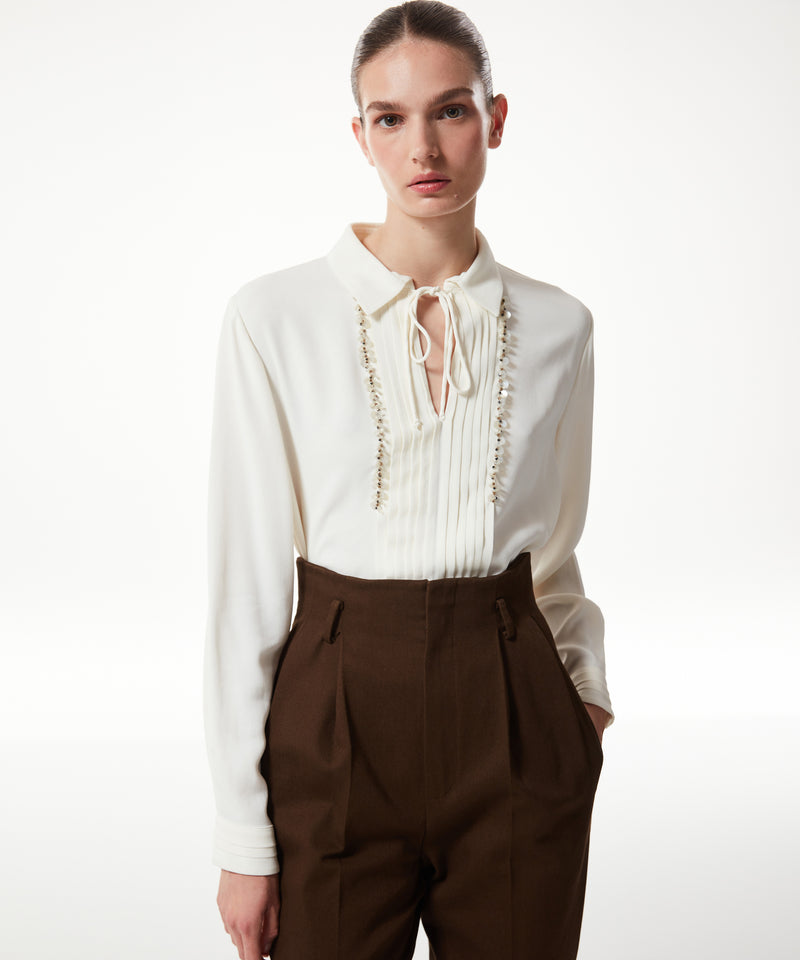 Machka Embellished Pleated Solid Shirt Off White