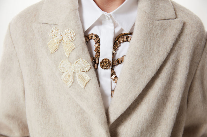 Machka Bow-Embroidered Textured Coat Natural