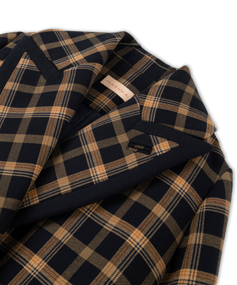 Machka Checkered Double-Breasted Overcoat Navy Blue