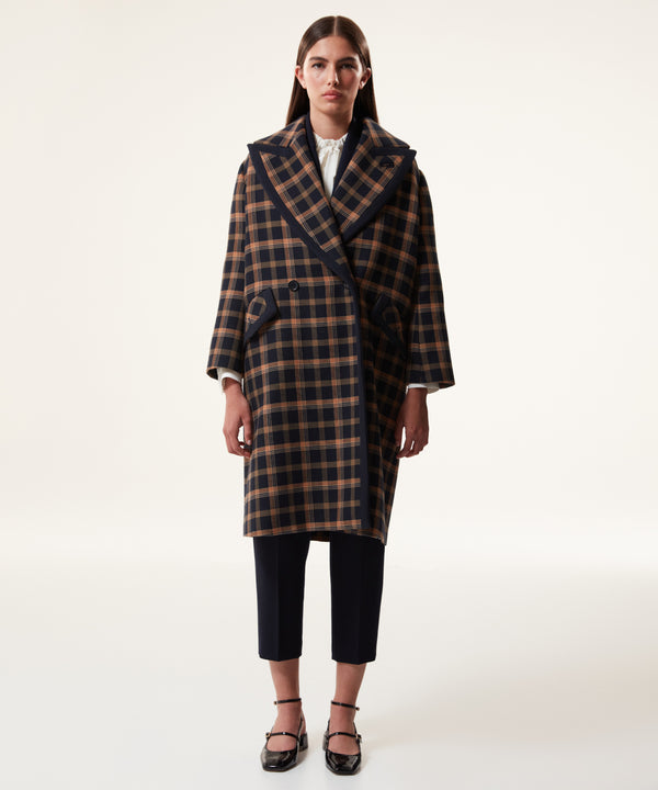 Machka Checkered Double-Breasted Overcoat Navy Blue