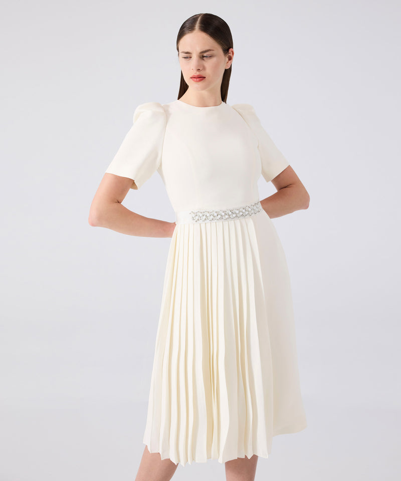 Machka Pleated Mix Crepe Dress Ecru