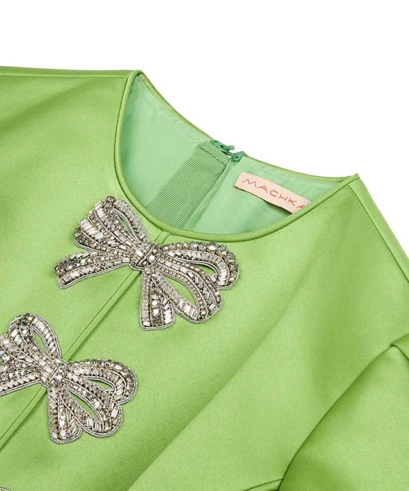 Machka Satin Duchess Dress With Bow Embroidery Pistachio Green