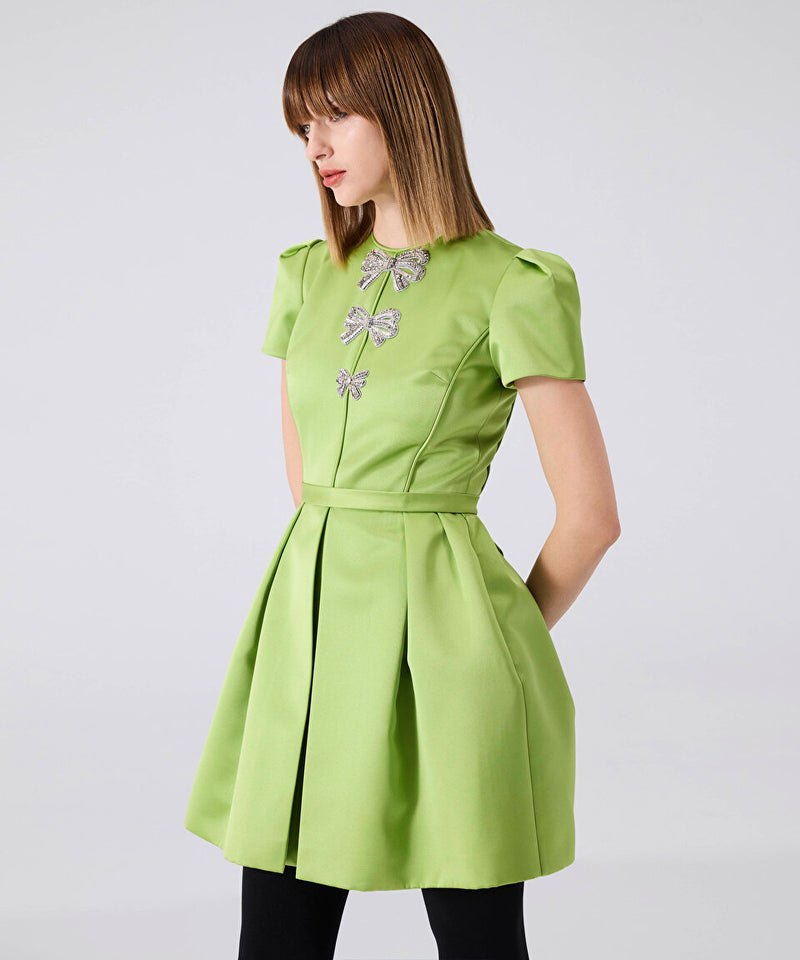 Machka Satin Duchess Dress With Bow Embroidery Pistachio Green