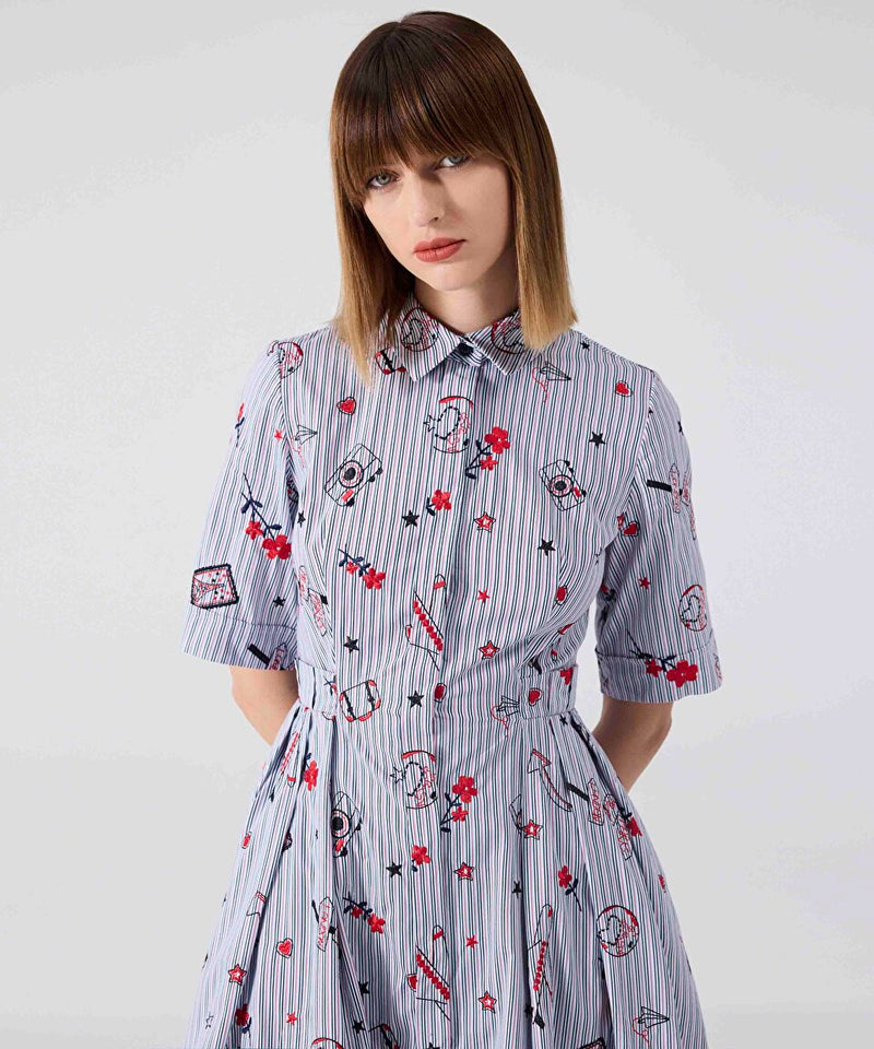 Machka Embroidered Stripe Pattern Poplin Dress Blue