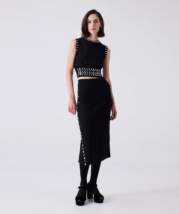 Machka Crystal Stone Embroidered Skirt Black