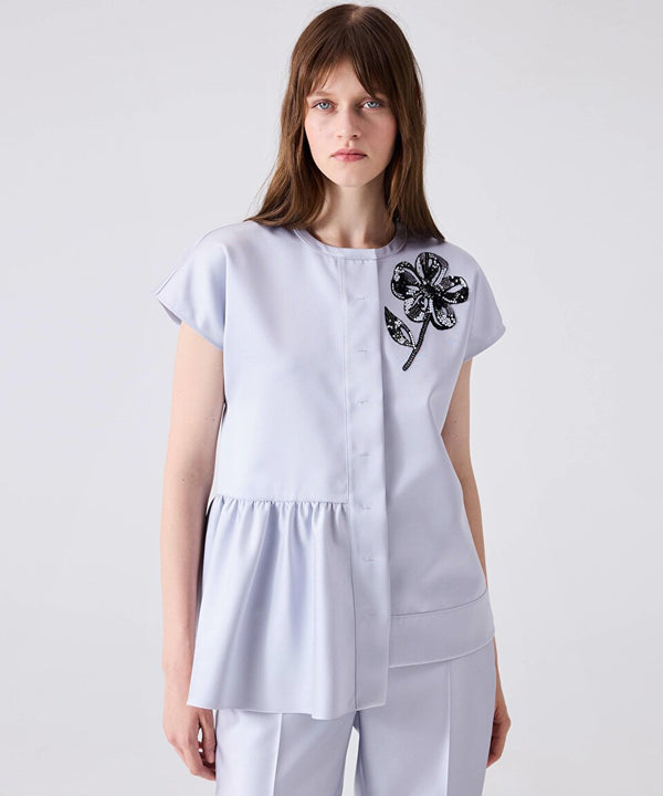 Machka Asymmetrical Ruffled And Embroidered Blouse Silver