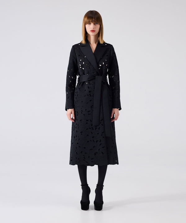 Machka Floral Embroidery Belted Coat Black