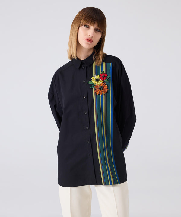 Machka Stripe Pattern Mix Embroidered Shirt Black