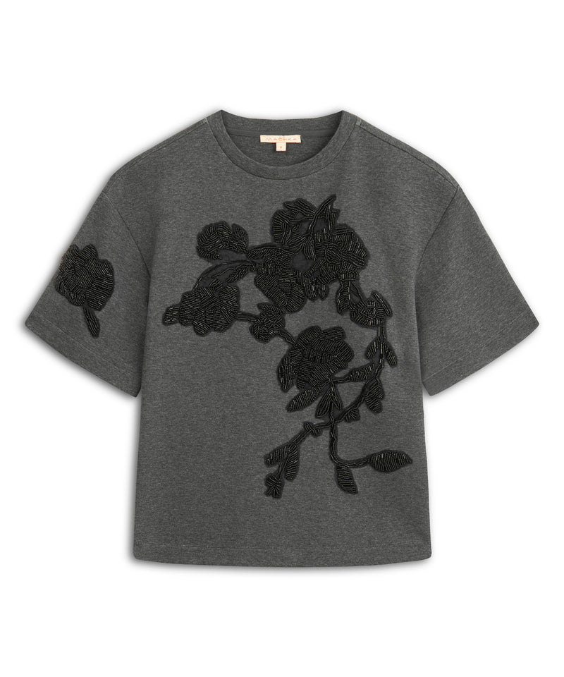 Machka T-Shirt With Contrast Floral Embroidery Grey Melange