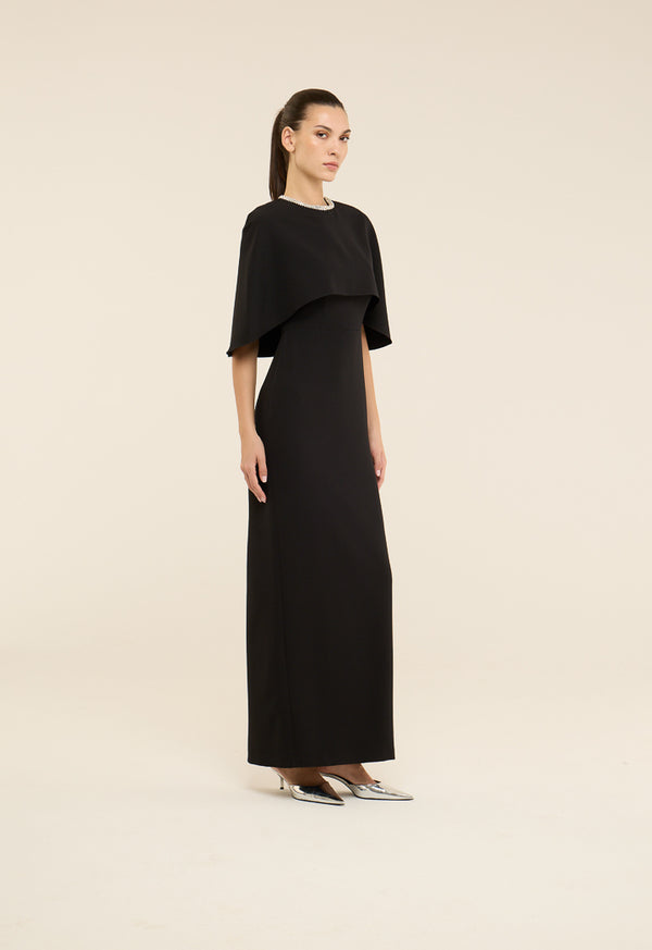 Riva Crystal Embellished Cape Gown Dress Black