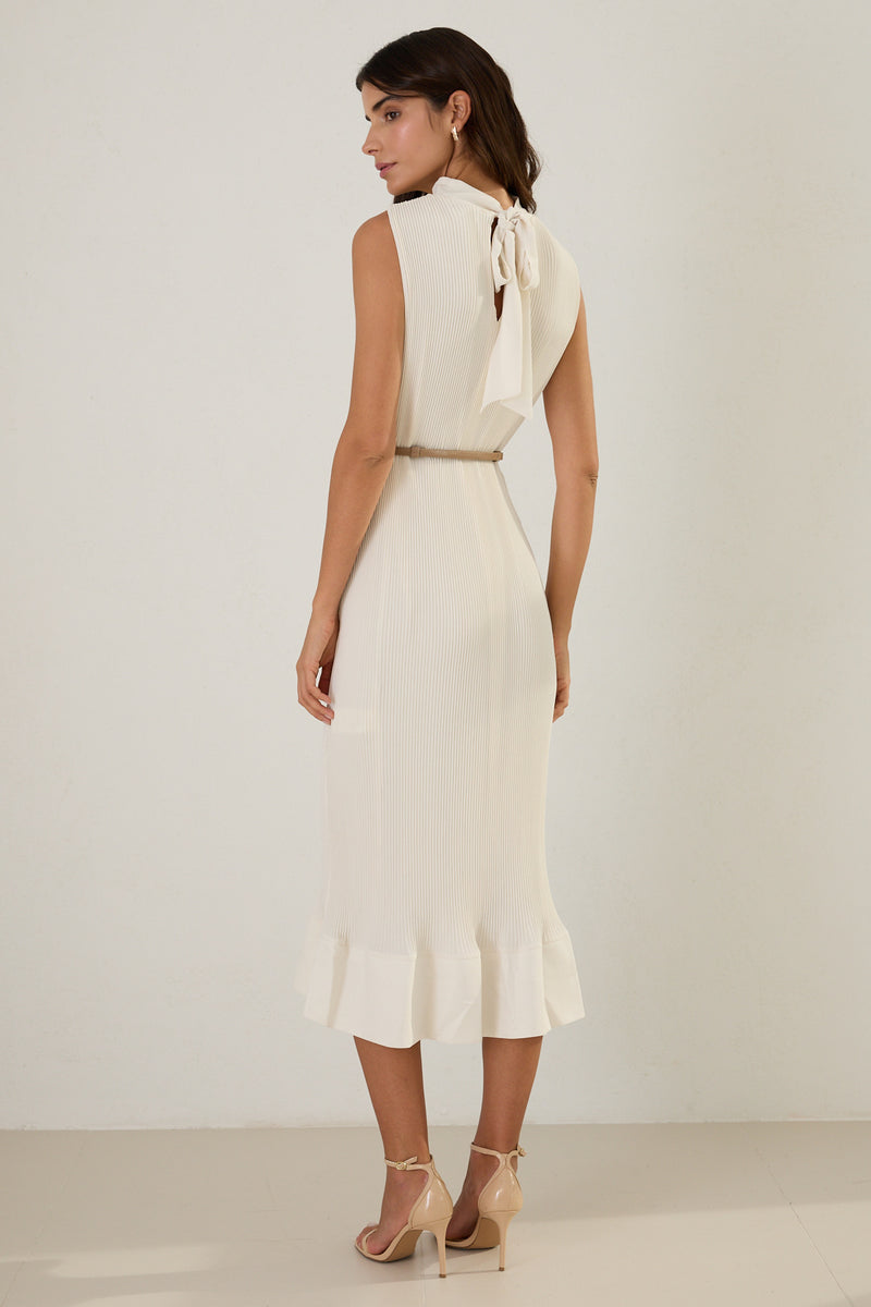 Setre Sleeveless Ruffle Hem Pleated Dress Cream