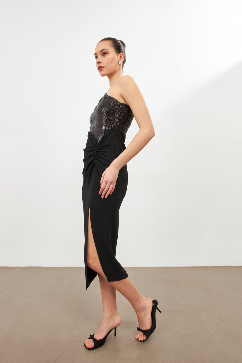 Setre Shoulder Detailed Sequined Dress Black