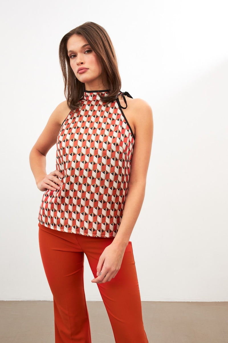 Setre Patterned Halter Neck Tie Detail Blouse Coral