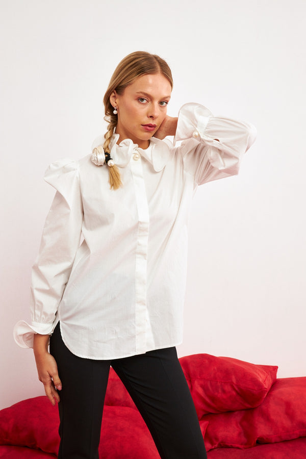 Setre Ruffle Detail Solid Shirt Ecru