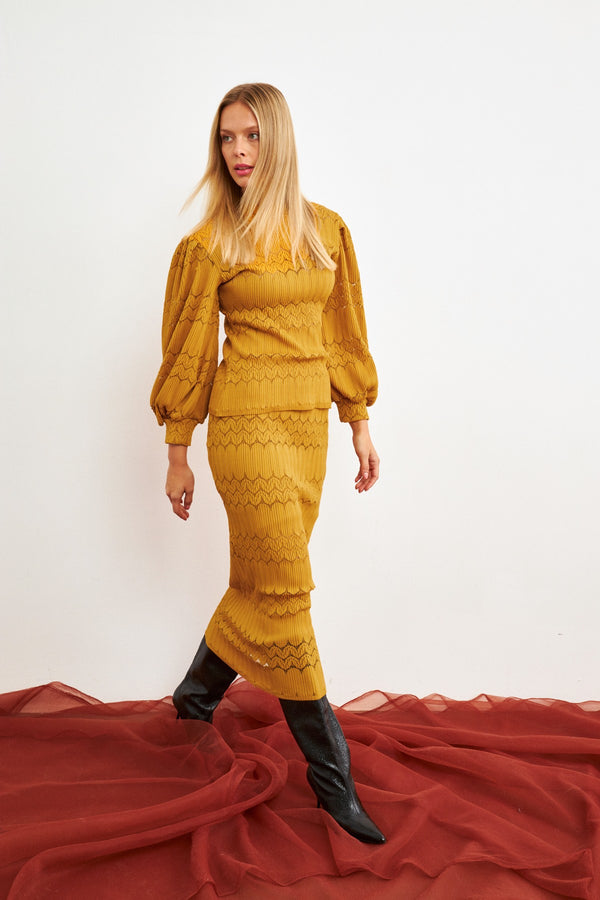 Setre Patterned Knitwear Skirt Suit Mustard