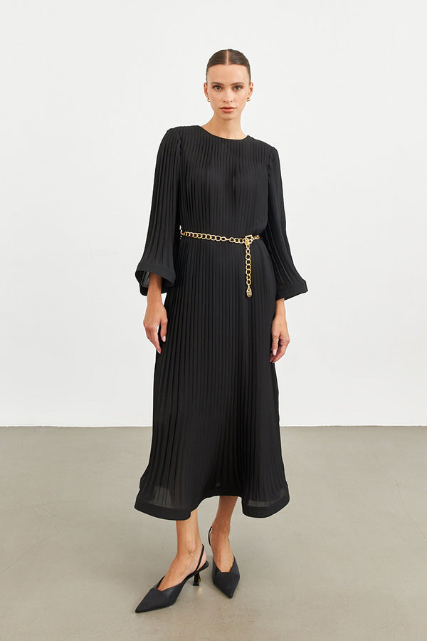 Setre Pleat Detailed Belted Dress Black