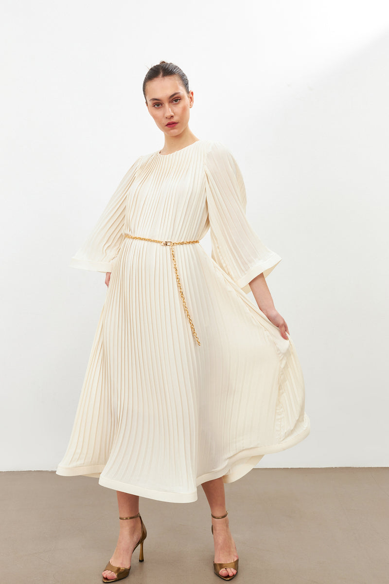 Setre Pleat Detailed Belted Dress Light Beige