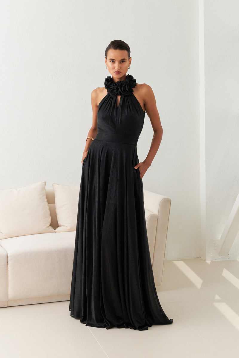 Setre Halter Neck With Rose Detail Evening Dress Black