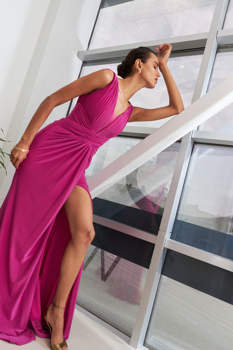 Setre Slit Detailed Pleated Evening Dress Fuchsia