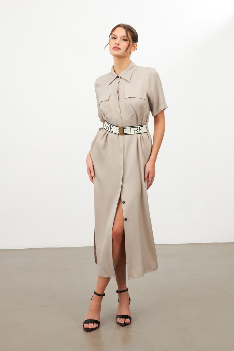 Setre Shirt Collar Belted Midi Dress Dark Beige