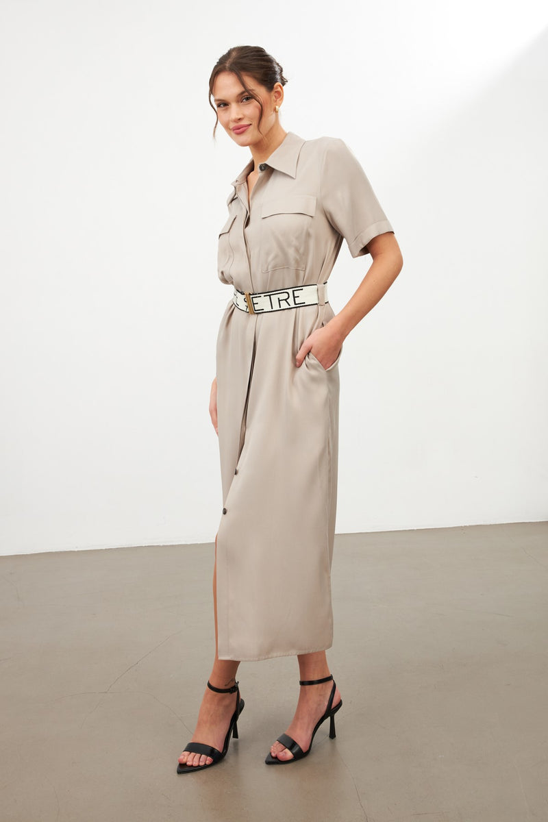 Setre Shirt Collar Belted Midi Dress Dark Beige