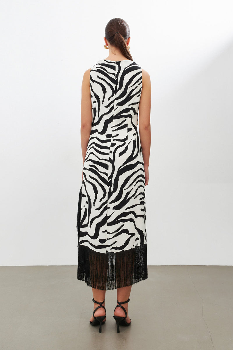 Setre Zebra Print Sleeveless Fringed Dress Black/White