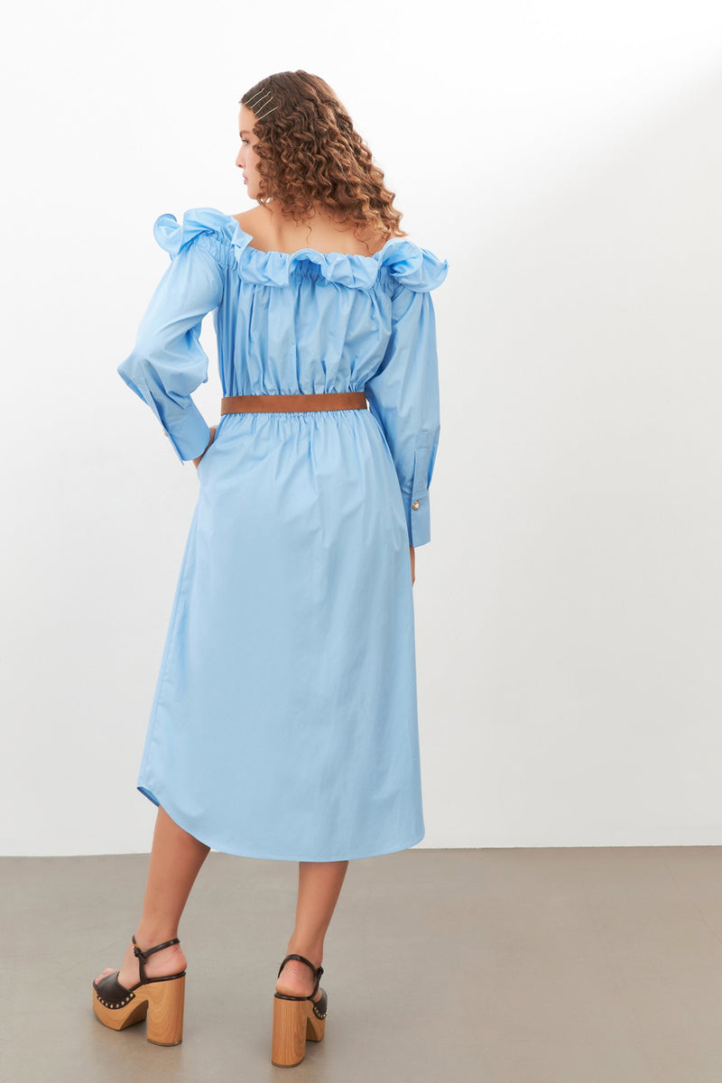 Setre Off-Shoulder Belted Button-Up Dress Blue