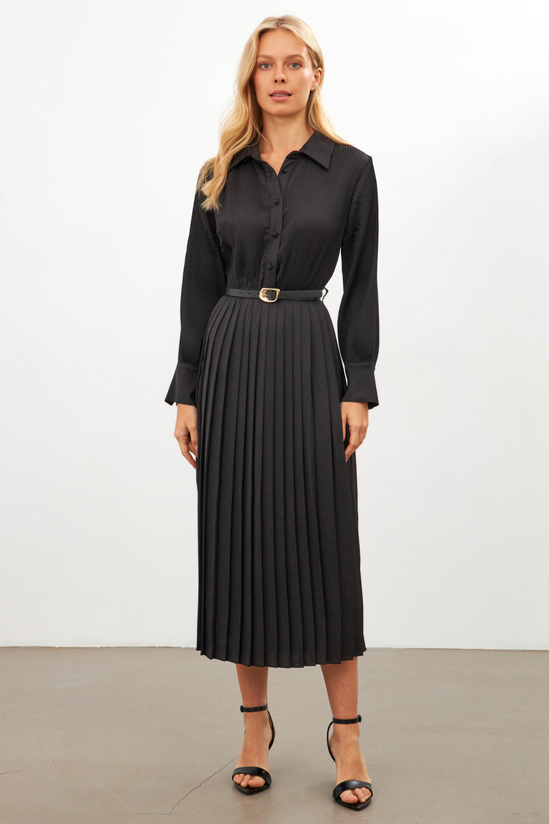 Setre Belted Pleated Shirt Collar Long Sleeve Dress Black