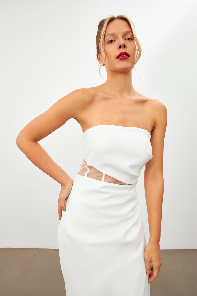 Setre Strapless Waist Translucent Detail Slit Dress Ecru