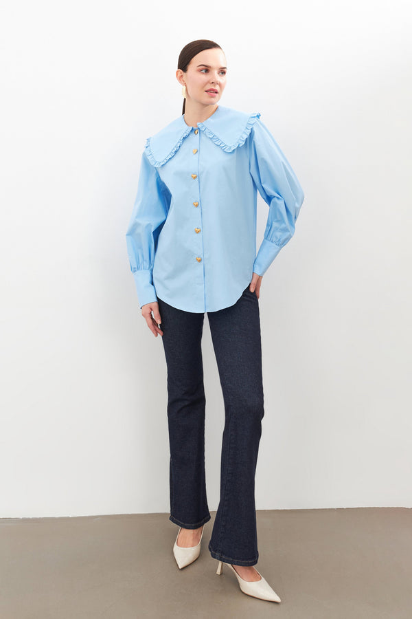 Setre Collar And Button Detail Long Sleeve Shirt Blue