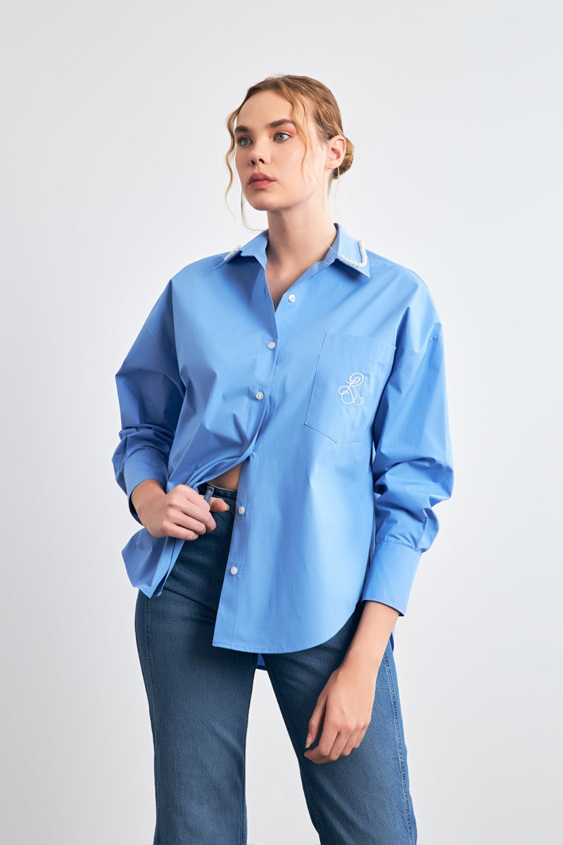 Setre Collar-Pearl Embellished Shirt Blue