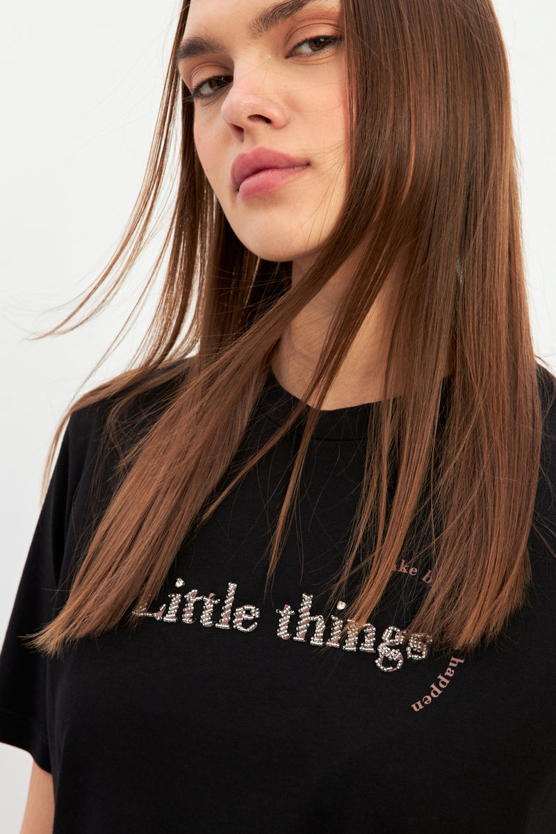 Setre Mini Print Detailed Crew Neck T-Shirt Black