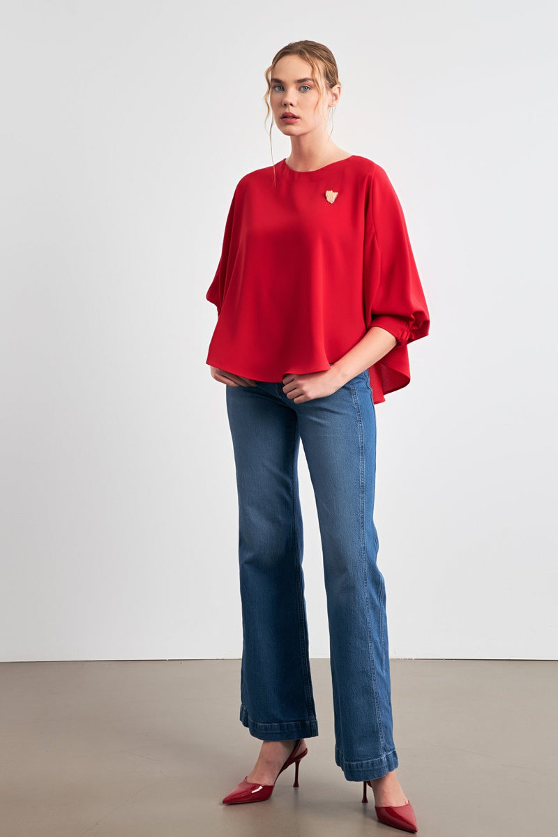 Setre Solid Long Sleeve Wide Blouse Red