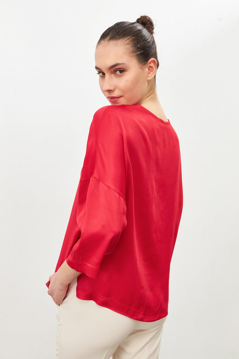 Setre Crew Neck Three-Quarter Sleeve Detailed Blouse Red