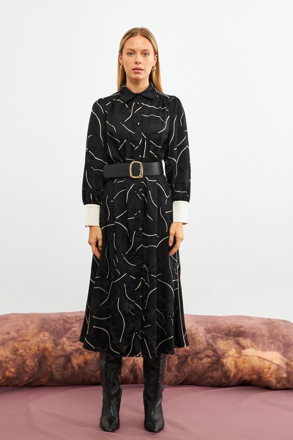 Setre Belt Detailed Patterned Shirt Dress Black